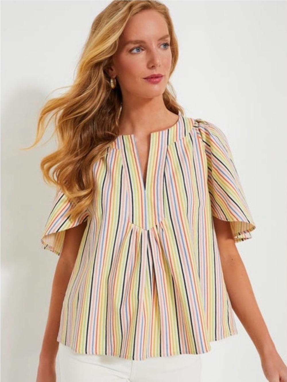 Women’s Multi-Stripe Short Sleeve Split-Neck Top